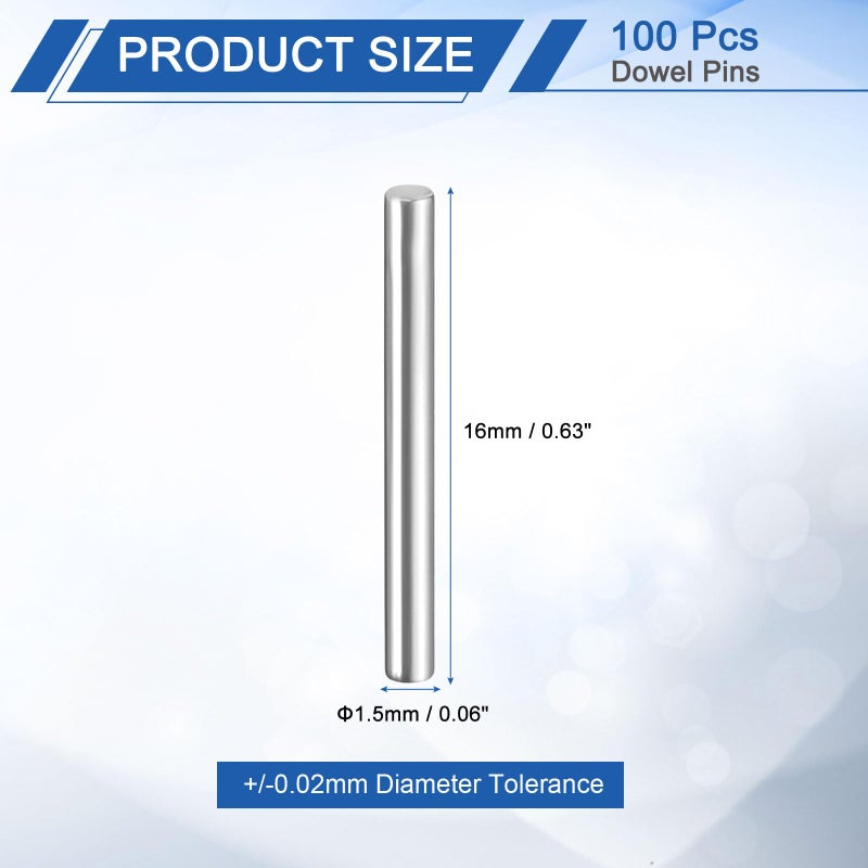 uxcell 100 Pcs 1.5mm x 16mm Dowel Pins Bearing Steel Cylindrical Dowel Pins Shelf Support Peg Pin Rod Fasten Elements Metal Shelf Pegs +/-0.02mm Diameter Tolerance, Silver Tone - Image 2